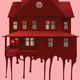 A red house drips down on a pink background.